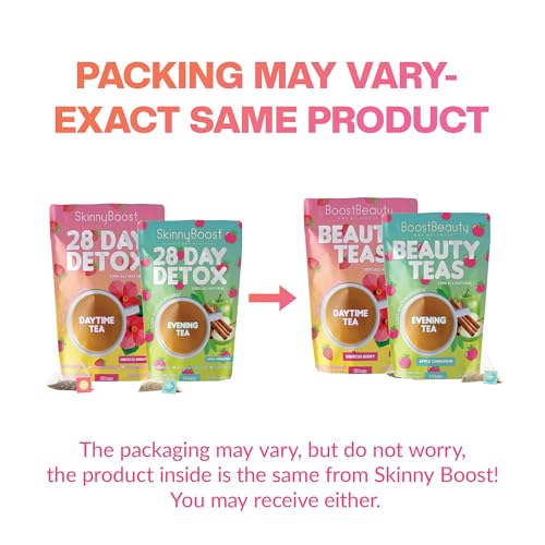 Skinny Boost 28 Day Detox Tea Kit –Daytime (28 Bags) + Evening -(14 Bags) – Herbal Detox for Weight, Metabolism, Energy, Bloating & Colon Cleanse – Green Tea, Senna, Vegan, Keto, Non-GMO, Sugar-Free