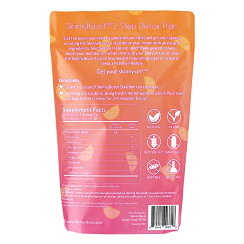 Skinny Boost 28 Day Detox Tea Kit –Daytime (28 Bags) + Evening -(14 Bags) – Herbal Detox for Weight, Metabolism, Energy, Bloating & Colon Cleanse – Green Tea, Senna, Vegan, Keto, Non-GMO, Sugar-Free