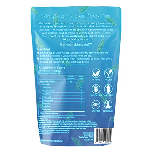 Skinny Boost 28 Day Detox Tea Kit –Daytime (28 Bags) + Evening -(14 Bags) – Herbal Detox for Weight, Metabolism, Energy, Bloating & Colon Cleanse – Green Tea, Senna, Vegan, Keto, Non-GMO, Sugar-Free