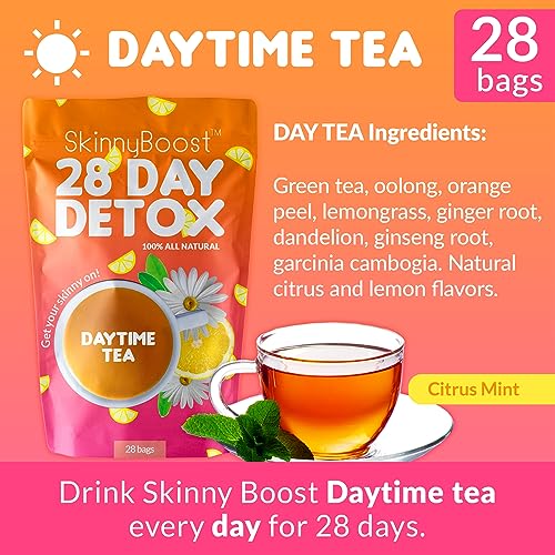 Skinny Boost 28 Day Detox Tea Kit –Daytime (28 Bags) + Evening -(14 Bags) – Herbal Detox for Weight, Metabolism, Energy, Bloating & Colon Cleanse – Green Tea, Senna, Vegan, Keto, Non-GMO, Sugar-Free