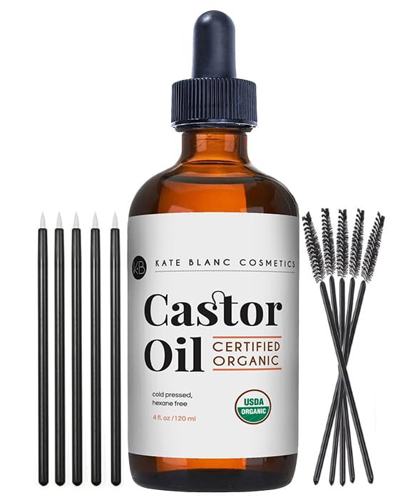 Kate Blanc Cosmetics Castor Oil Organic for Hair, Lashes, Face (2oz), 100% Pure, Cold Pressed, Hexane Free. Eyelash Serum for Thicker-Looking Eyelashes & Eyebrows