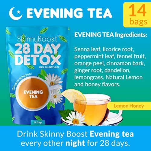 Skinny Boost 28 Day Detox Tea Kit –Daytime (28 Bags) + Evening -(14 Bags) – Herbal Detox for Weight, Metabolism, Energy, Bloating & Colon Cleanse – Green Tea, Senna, Vegan, Keto, Non-GMO, Sugar-Free