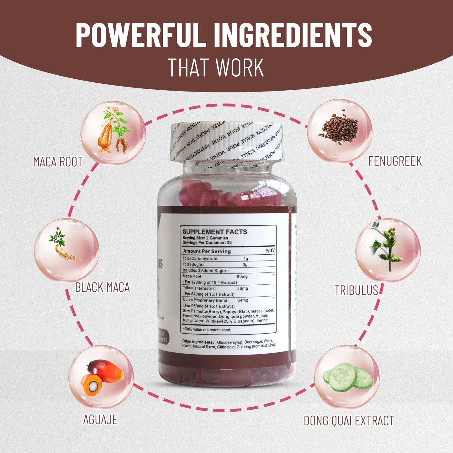 Wins Town Maca Plus Gummies, 1500mg Big Booty Enhancer with Black Maca Root & Dong Quai Extract, 60 Count