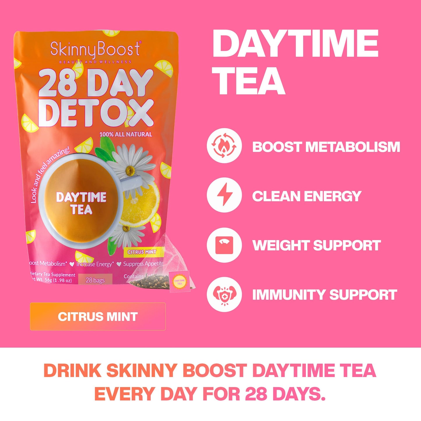 Skinny Boost 28 Day Detox Tea Kit –Daytime (28 Bags) + Evening -(14 Bags) – Herbal Detox for Weight, Metabolism, Energy, Bloating & Colon Cleanse – Green Tea, Senna, Vegan, Keto, Non-GMO, Sugar-Free