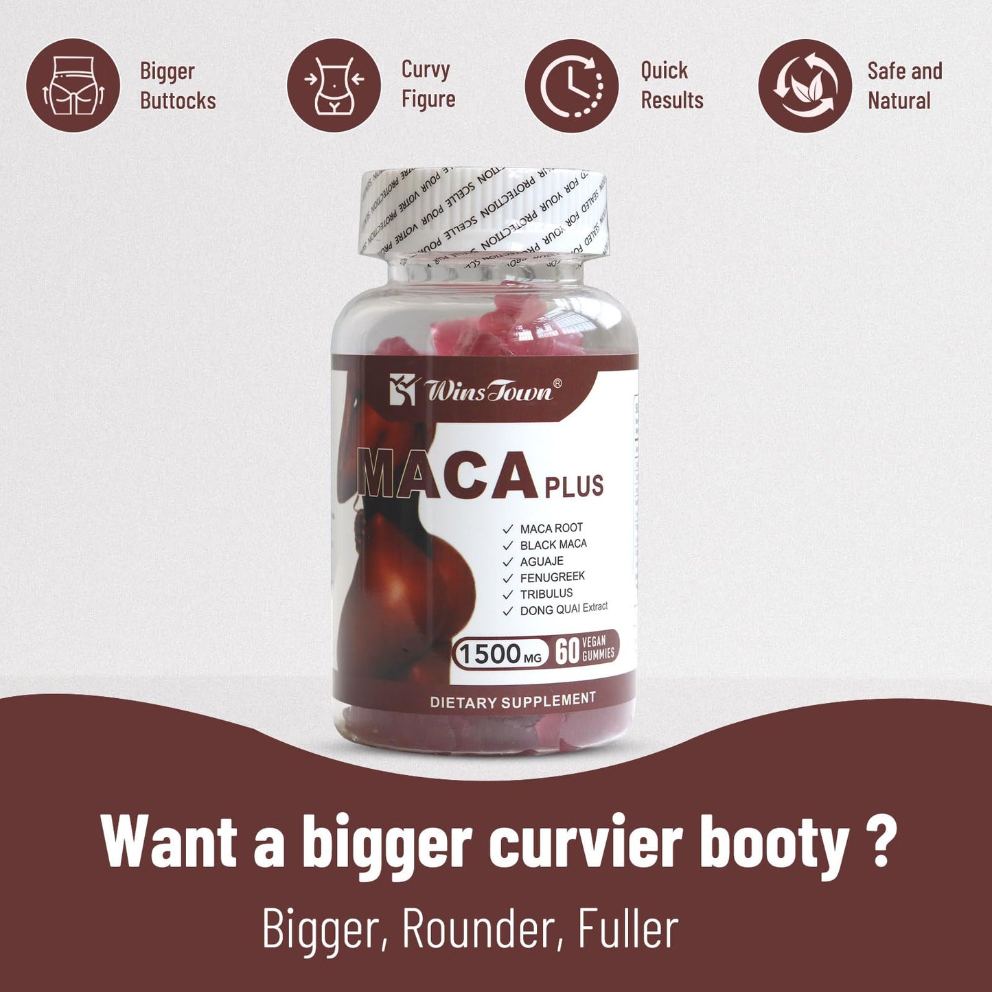 Wins Town Maca Plus Gummies, 1500mg Big Booty Enhancer with Black Maca Root & Dong Quai Extract, 60 Count