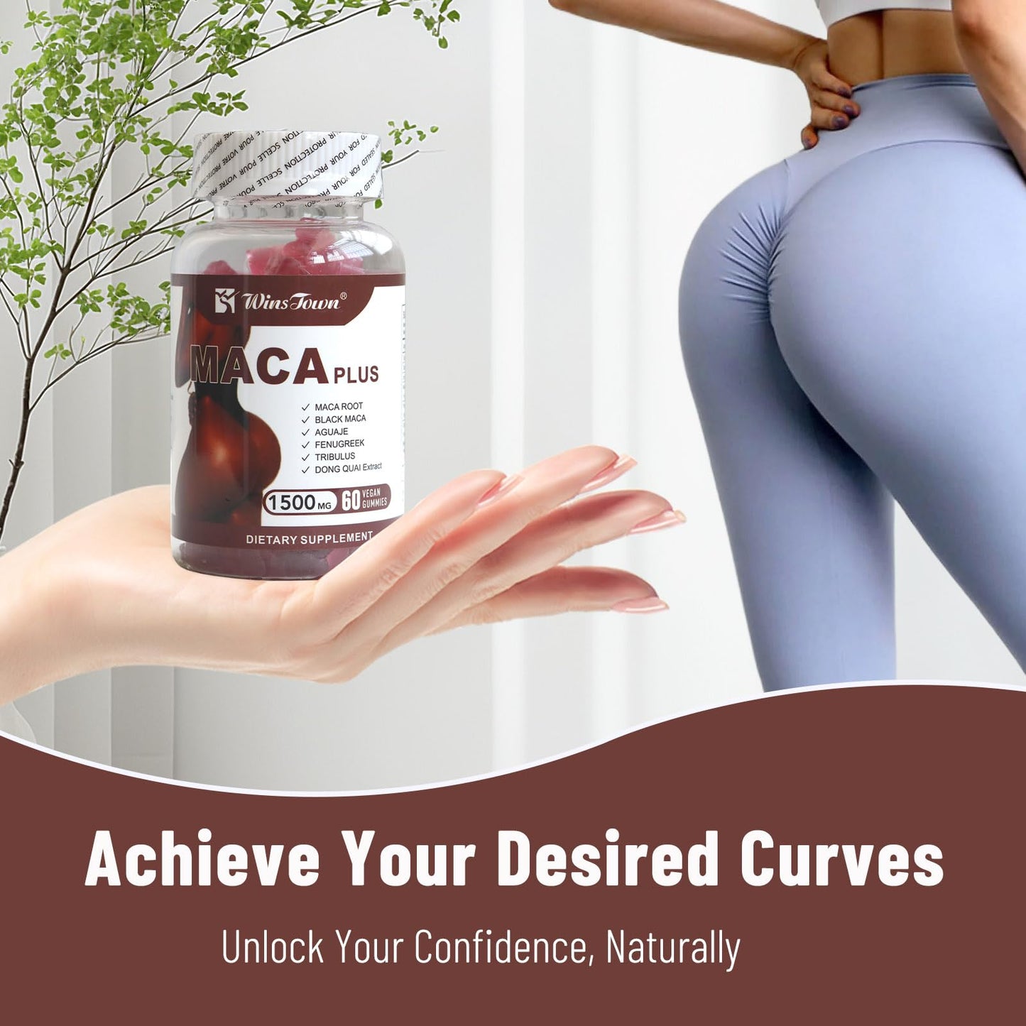 Wins Town Maca Plus Gummies, 1500mg Big Booty Enhancer with Black Maca Root & Dong Quai Extract, 60 Count