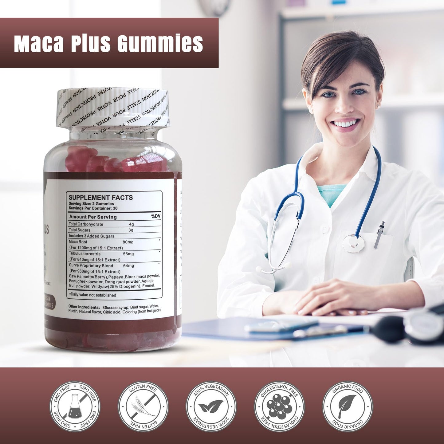 Wins Town Maca Plus Gummies, 1500mg Big Booty Enhancer with Black Maca Root & Dong Quai Extract, 60 Count