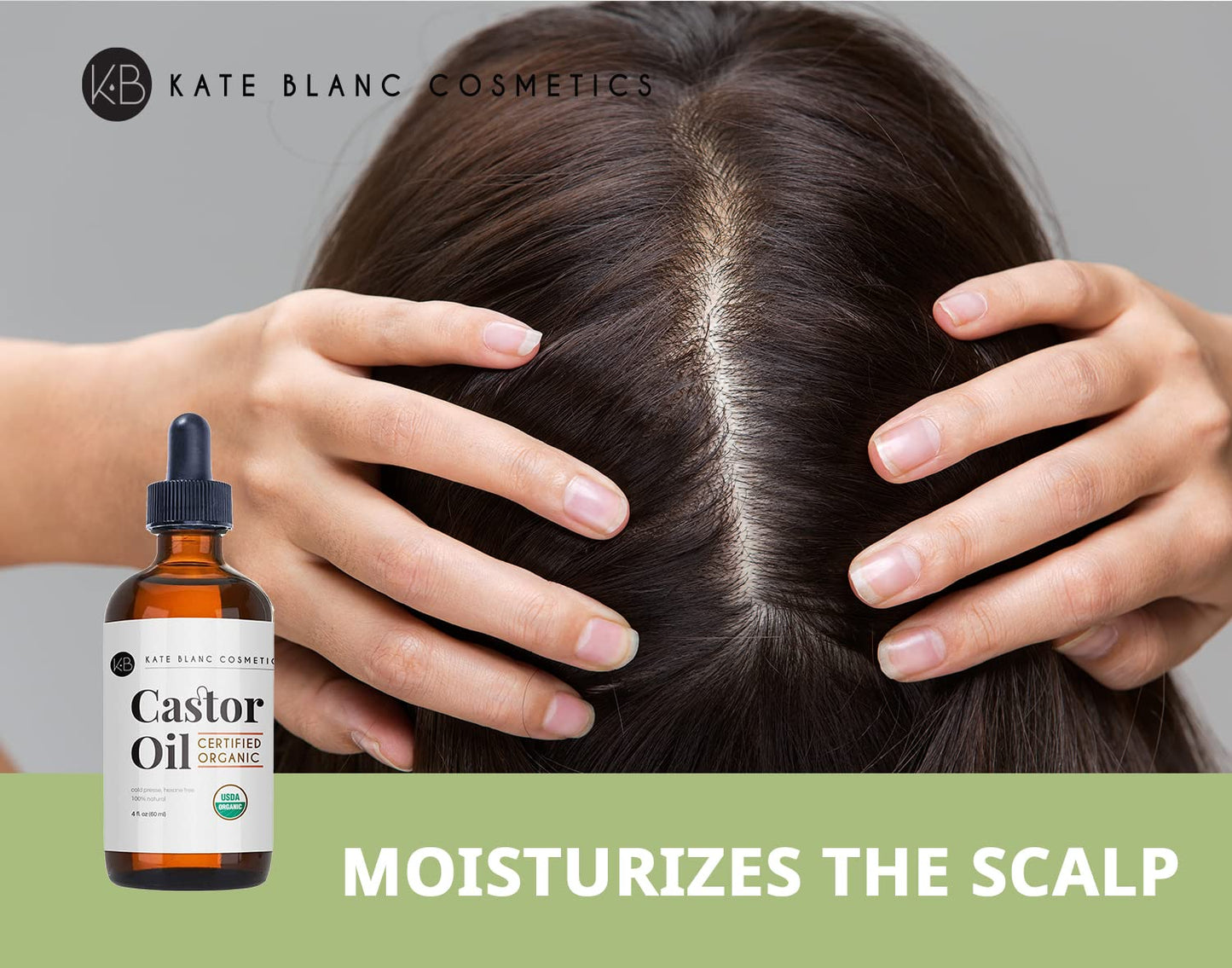 Kate Blanc Cosmetics Castor Oil Organic for Hair, Lashes, Face (2oz), 100% Pure, Cold Pressed, Hexane Free. Eyelash Serum for Thicker-Looking Eyelashes & Eyebrows