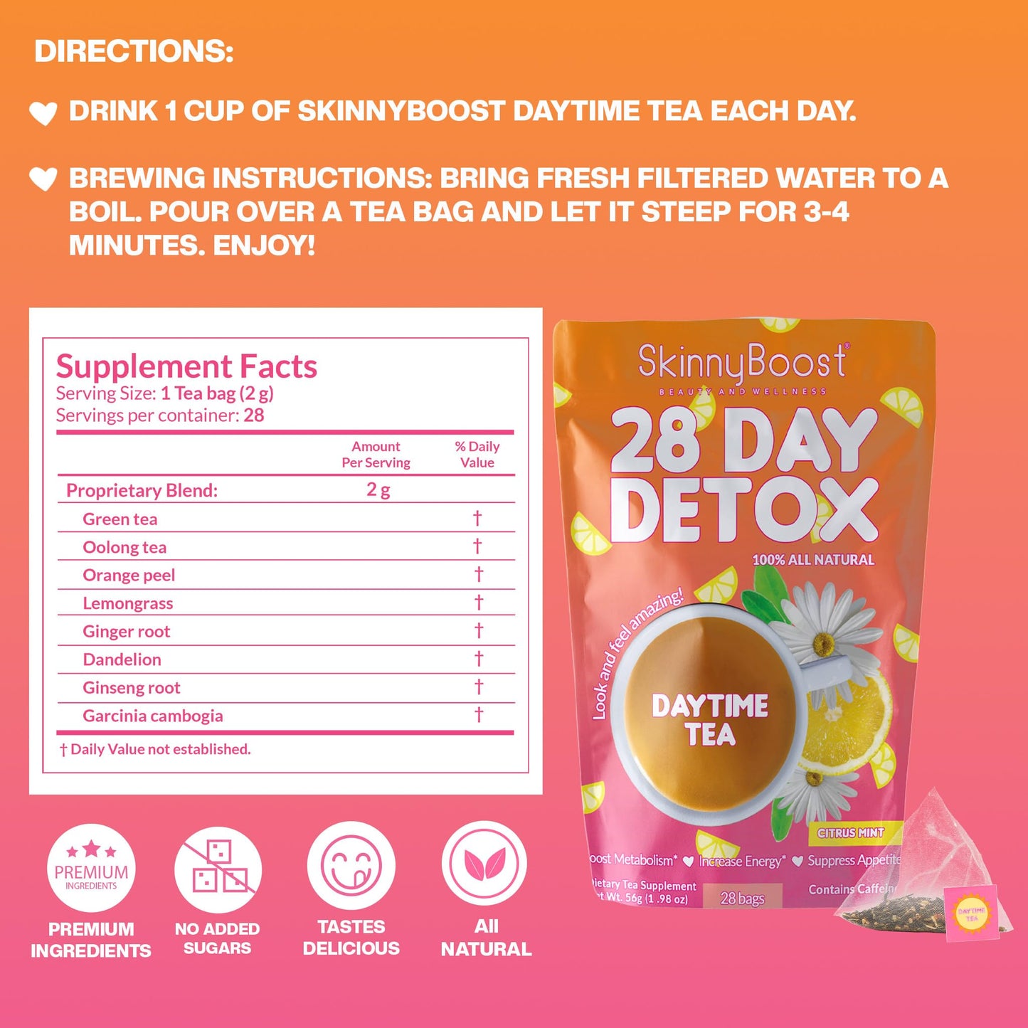 Skinny Boost 28 Day Detox Tea Kit –Daytime (28 Bags) + Evening -(14 Bags) – Herbal Detox for Weight, Metabolism, Energy, Bloating & Colon Cleanse – Green Tea, Senna, Vegan, Keto, Non-GMO, Sugar-Free