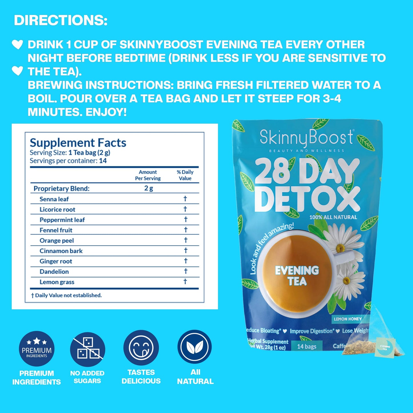 Skinny Boost 28 Day Detox Tea Kit –Daytime (28 Bags) + Evening -(14 Bags) – Herbal Detox for Weight, Metabolism, Energy, Bloating & Colon Cleanse – Green Tea, Senna, Vegan, Keto, Non-GMO, Sugar-Free