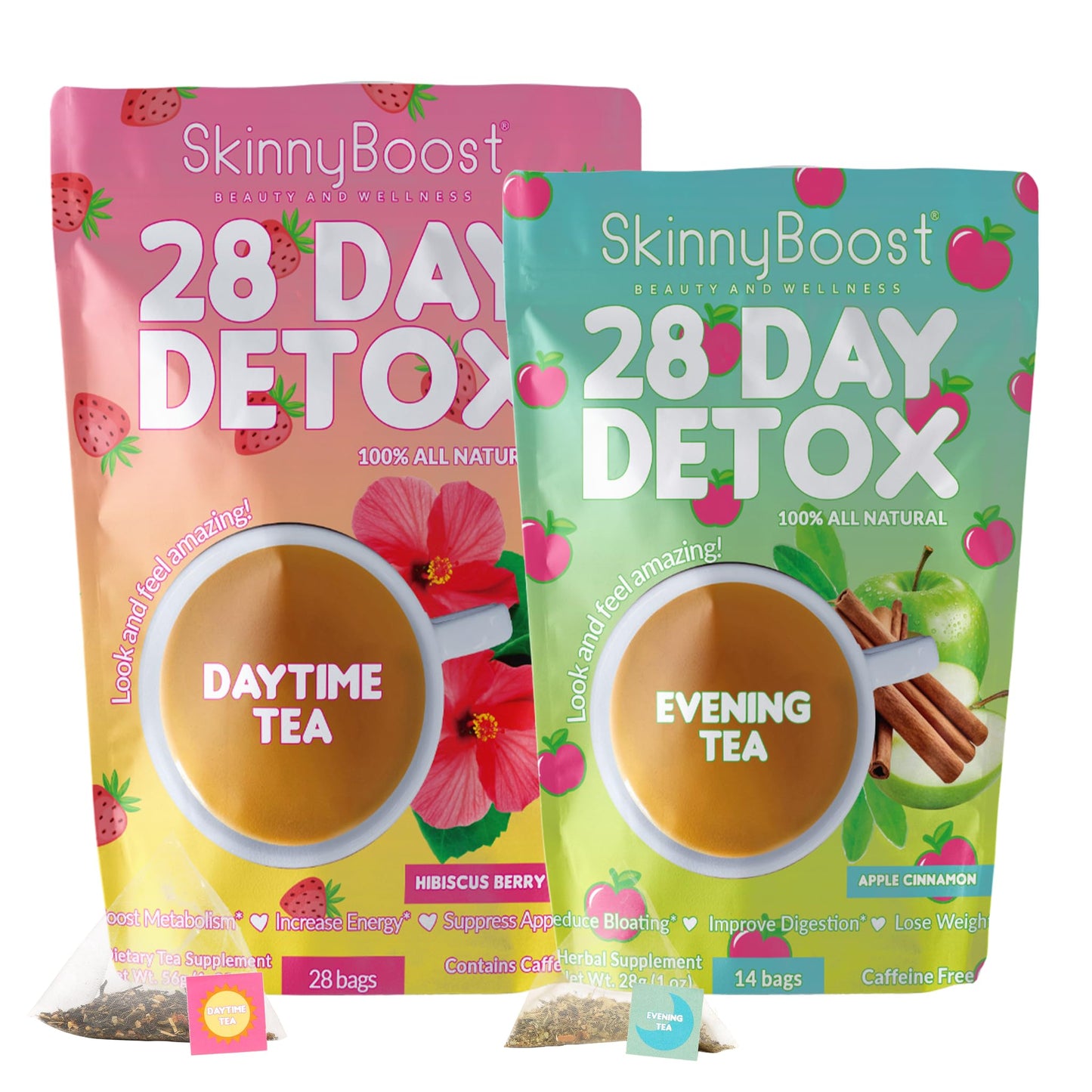 Skinny Boost 28 Day Detox Tea Kit –Daytime (28 Bags) + Evening -(14 Bags) – Herbal Detox for Weight, Metabolism, Energy, Bloating & Colon Cleanse – Green Tea, Senna, Vegan, Keto, Non-GMO, Sugar-Free
