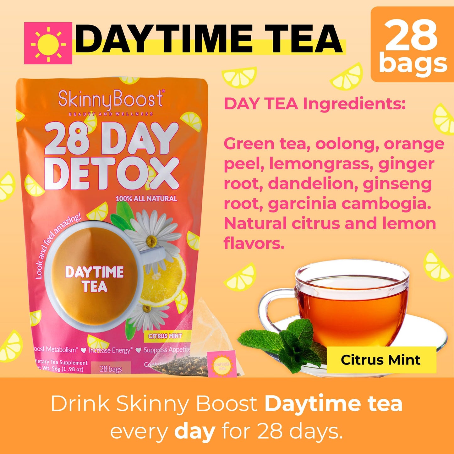 Skinny Boost 28 Day Detox Tea Kit –Daytime (28 Bags) + Evening -(14 Bags) – Herbal Detox for Weight, Metabolism, Energy, Bloating & Colon Cleanse – Green Tea, Senna, Vegan, Keto, Non-GMO, Sugar-Free