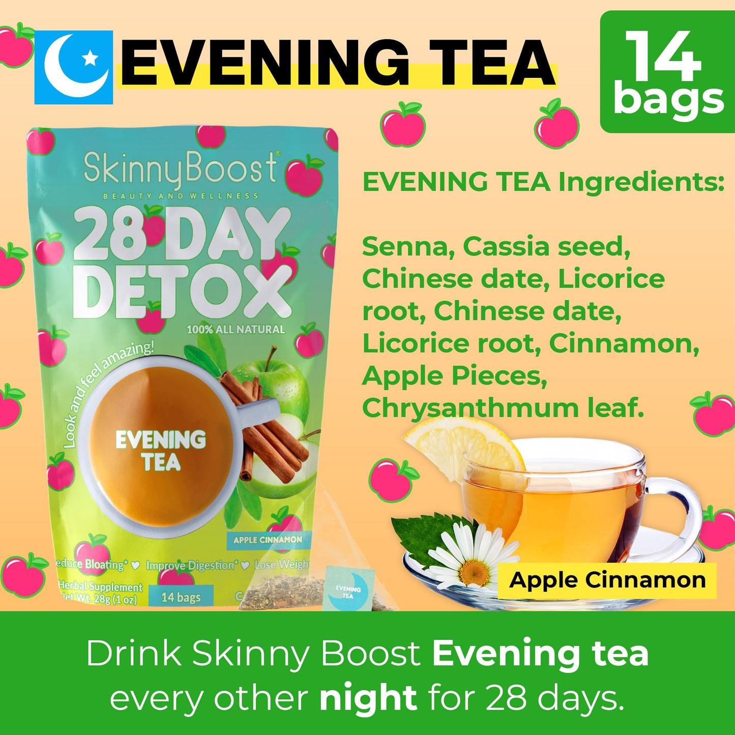 Skinny Boost 28 Day Detox Tea Kit –Daytime (28 Bags) + Evening -(14 Bags) – Herbal Detox for Weight, Metabolism, Energy, Bloating & Colon Cleanse – Green Tea, Senna, Vegan, Keto, Non-GMO, Sugar-Free