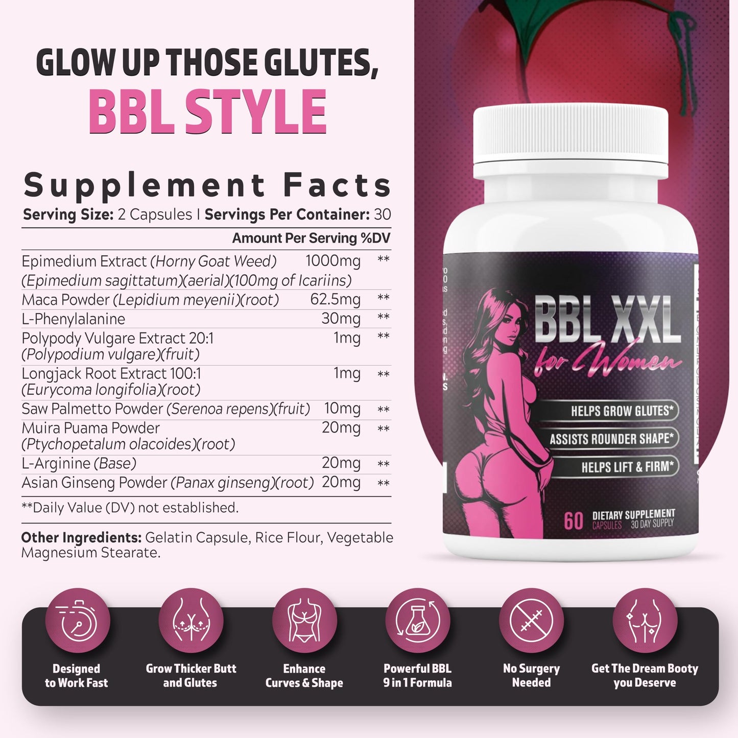 BBL XXL for Women | Weight Gainer for Women to Grow Thicker Booty & Enhance Curves | Helps Naturally Curve & Shape Body | Grow Rounder, Wider & Thicker Glutes for Fast Results - 60 Capsules