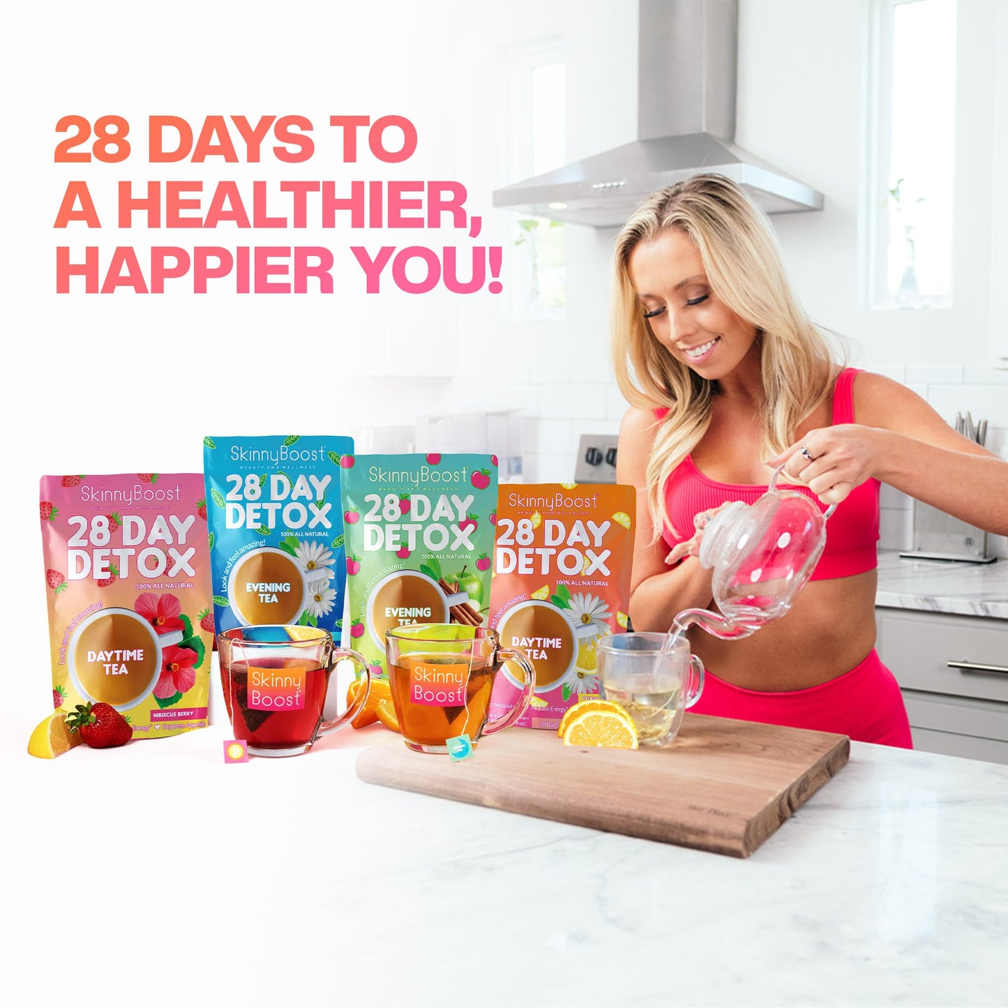 Skinny Boost 28 Day Detox Tea Kit –Daytime (28 Bags) + Evening -(14 Bags) – Herbal Detox for Weight, Metabolism, Energy, Bloating & Colon Cleanse – Green Tea, Senna, Vegan, Keto, Non-GMO, Sugar-Free