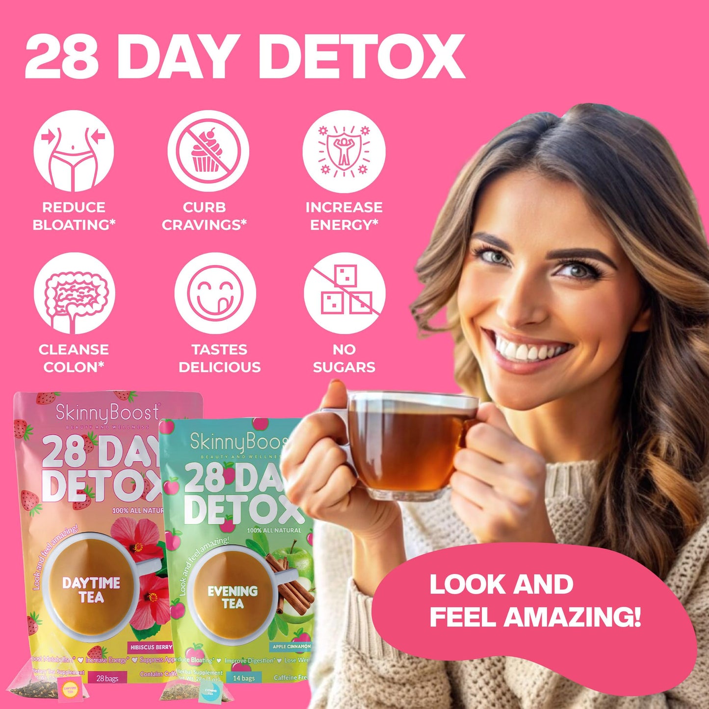 Skinny Boost 28 Day Detox Tea Kit –Daytime (28 Bags) + Evening -(14 Bags) – Herbal Detox for Weight, Metabolism, Energy, Bloating & Colon Cleanse – Green Tea, Senna, Vegan, Keto, Non-GMO, Sugar-Free