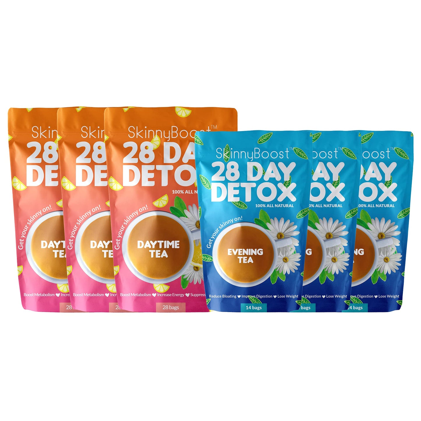 Skinny Boost 28 Day Detox Tea Kit –Daytime (28 Bags) + Evening -(14 Bags) – Herbal Detox for Weight, Metabolism, Energy, Bloating & Colon Cleanse – Green Tea, Senna, Vegan, Keto, Non-GMO, Sugar-Free