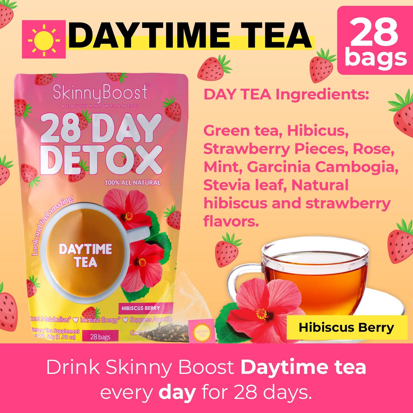 Skinny Boost 28 Day Detox Tea Kit –Daytime (28 Bags) + Evening -(14 Bags) – Herbal Detox for Weight, Metabolism, Energy, Bloating & Colon Cleanse – Green Tea, Senna, Vegan, Keto, Non-GMO, Sugar-Free