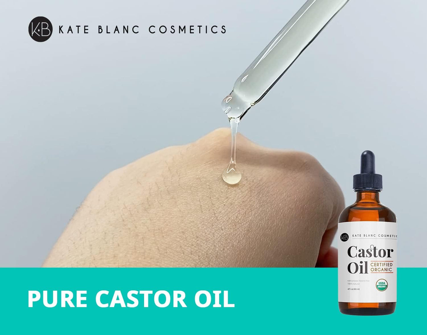 Kate Blanc Cosmetics Castor Oil Organic for Hair, Lashes, Face (2oz), 100% Pure, Cold Pressed, Hexane Free. Eyelash Serum for Thicker-Looking Eyelashes & Eyebrows