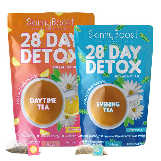 Skinny Boost 28 Day Detox Tea Kit –Daytime (28 Bags) + Evening -(14 Bags) – Herbal Detox for Weight, Metabolism, Energy, Bloating & Colon Cleanse – Green Tea, Senna, Vegan, Keto, Non-GMO, Sugar-Free