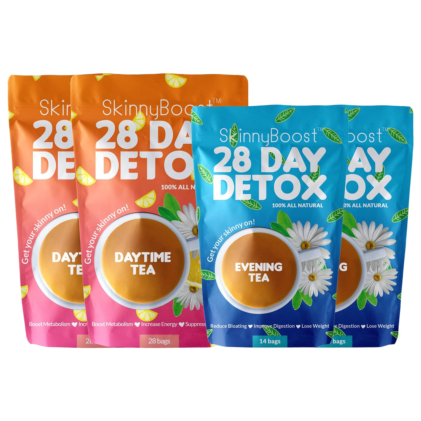 Skinny Boost 28 Day Detox Tea Kit –Daytime (28 Bags) + Evening -(14 Bags) – Herbal Detox for Weight, Metabolism, Energy, Bloating & Colon Cleanse – Green Tea, Senna, Vegan, Keto, Non-GMO, Sugar-Free